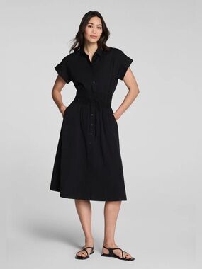 SPANX Poplin Smocked Midi Shirt Dress Supima Cotton Collar Button Sz Medium